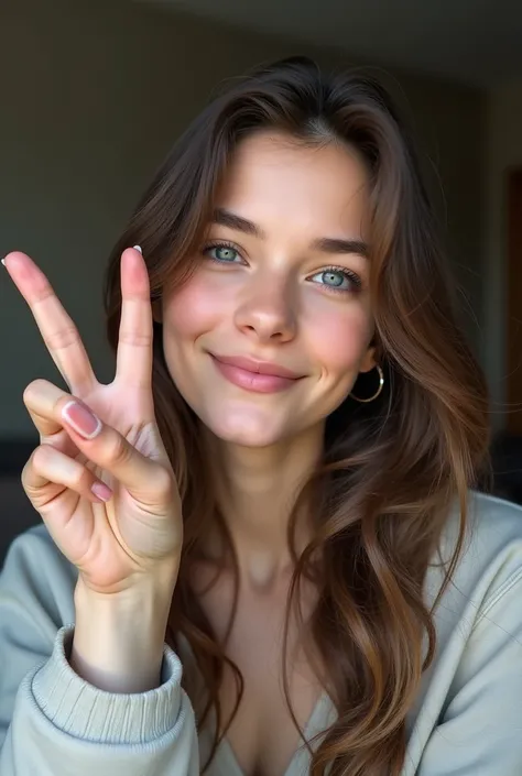 Make me an image of a matte brunette girl with wavy hair skin posting a selfie with the peace sign of her fingers 