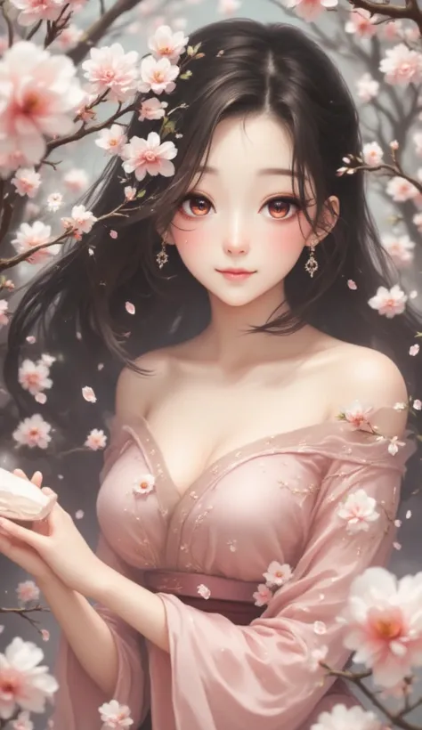 A young woman, likely Asian, with a gentle smile, in a blush-pink traditional Asian-style dress.  She has a floral crown in her dark brown hair, which is long and flowing.  Her dress features a soft, flowing design, with light pink blossoms subtly embroide...