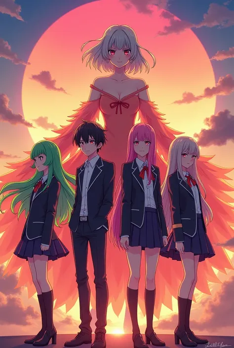 mixed idol group bright green haired high school boy, dark haired high school boy, pink haired high school girl, and gray haired high school girl. The background is a woman wearing a sunset 