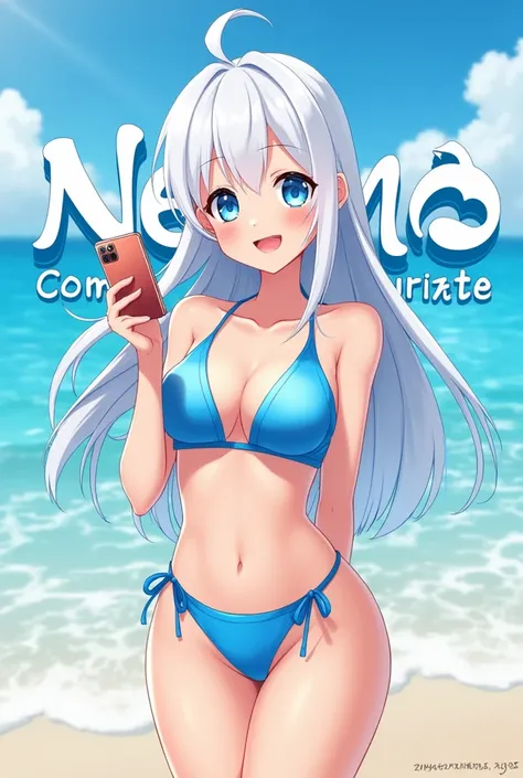 An anime girl on the beach in a blue bikini with blue eyes and white hair with "Nemo community" written on background and a dolphin like "O"
And the girl is happy and has a mobile phone in her hand and her age is 15