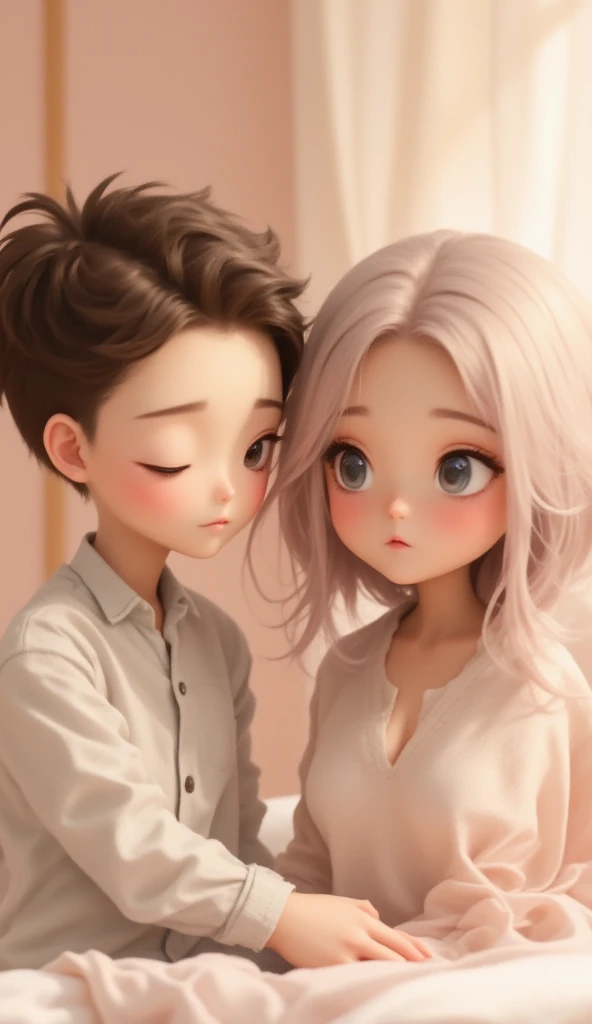 , a boy and a girl, with light-beige skin tones, light-brown hair, and large, expressive blue eyes. The boy has a slightly melancholic expression, with pinkish blush on his cheeks. Hes wearing a light-grey, button-up, long-sleeved shirt. The girl has a sim...