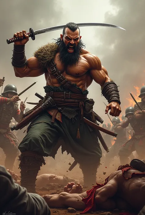 Barbarian warrior in Berserk mode killing his enemies on the battlefield, He doesnt bald but has a beard and short hair and wields a katana