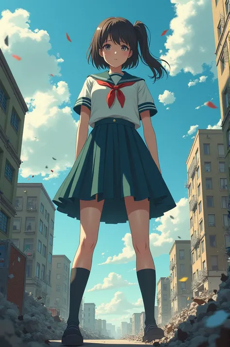 a giantess schoolgirl who tall as buildings, she are destroying the buildings. 