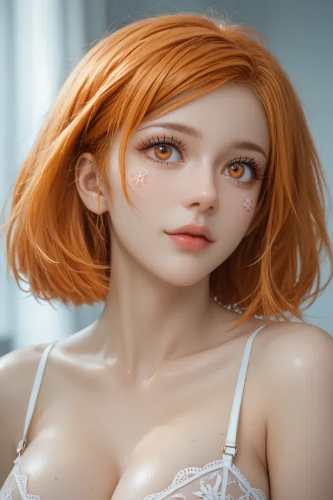 ( masterpiece ,  best quality ), 1 girl,nabara ,2d, beautiful face,( short orange hair ),( orange hair )( orange hair  de hongo ),( orange-eyed ),pesones with cold , HIGH QUALITY,ultra detailed , big breasts , self-adhesive stickers for nipple lingerie in ...