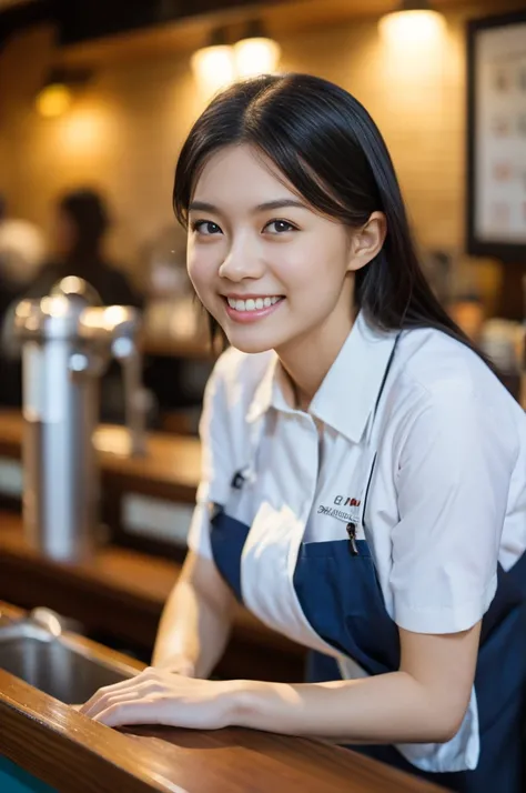 (8k, RAW photo, best quality, masterpiece), (photorealistic), outstanding details, ultra-high resolution, anatomically correct, textured skin, (Extremely precise and accurate anatomy),
Ultra Detailed Face, Detailed Eyes, 

 1 Girl, Cute Japanese Barista gi...