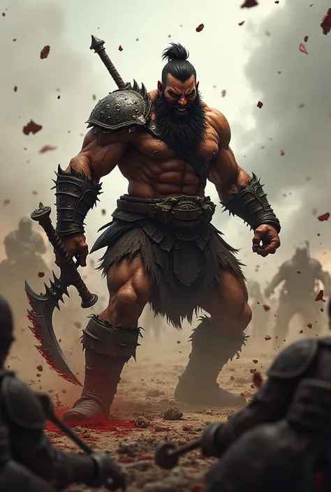 Barbarian warrior in Berserk mode killing his enemies on the battlefield, with spiky hair and short beard 