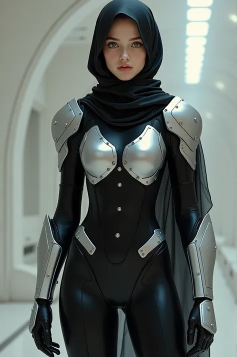 A girl wearing hijab . Innocent face. Long leg. Wearing full body black latex suit and silver body armor. High quality. High resolution