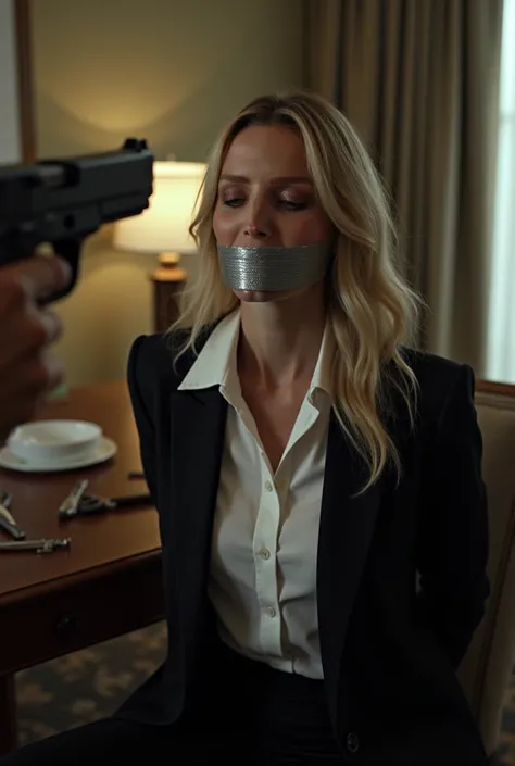 Annabelle wallis wearing black pants and white buttoned shirt from silk with black business jacket in hotel room sitting on the chair hands hidden in her back mouth taped by silver duct tape torture tools on the table long blonde hair slim body eyes closed...