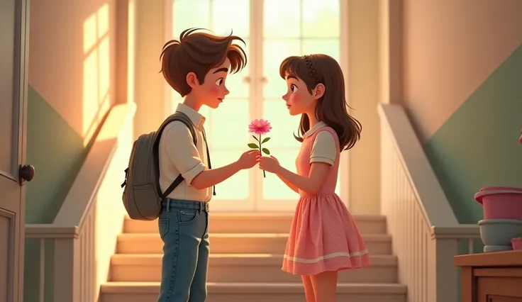 " Amar style image is from the 1970s , pastel background.  Two teenagers sitting on a school staircase,  with the boy offering a flower to the girl . She wears braids and a simple dress ,  while he wears a dress shirt and jeans .",  high definition , disne...