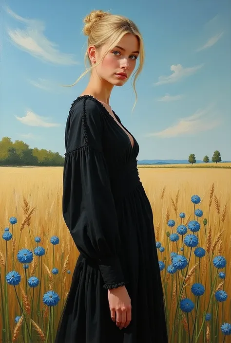 /imagine живопись, oil painting,  extra large rectangular textured oil paint strokes,  girl ,  blond hair high bun , stylish black knee-length dress, lantern sleeves,  stands half-sideways in the field ,  looks right at the camera , high rye , blue cornflo...