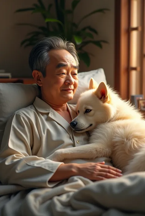 A Chinese man with a dog in his bed