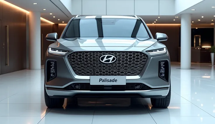 The scene is set in a luxury bright showroom with polished white gleaming floors that reflect the sleek, large 2025 Hyundai palisade, painted in [metallic Gray with a shiny finish. The car, a [Hyundai, features a large, detailes Hyundai] grille in shiny wh...