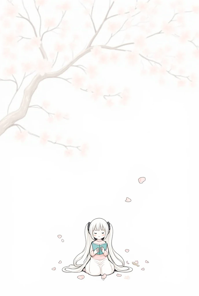 A cute anime-style girl with long hair and twin-tails, sitting under a cherry blossom tree in spring. She is smiling softly while holding a book. Line art only, black and white, minimal background.
