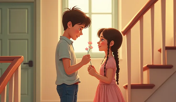 " Amar style image is from the 1970s , pastel background.  Two teenagers sitting on a school staircase,  with the boy offering a flower to the girl . She wears braids and a simple dress ,  while he wears a dress shirt and jeans .",  high definition , disne...