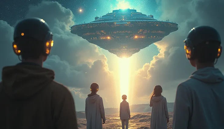  "A dramatic, otherworldly scene showing a close encounter with extraterrestrial beings in 2025. The aliens should be depicted as advanced, both technologically and spiritually, with glowing, ethereal features. The background can show a bright, starry sky ...