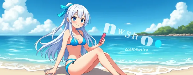 An anime girl on the beach in a blue bikini with blue eyes and white hair with "Nemo community" written on background 
And the girl is happy and has a mobile phone in her hand and her age is 15