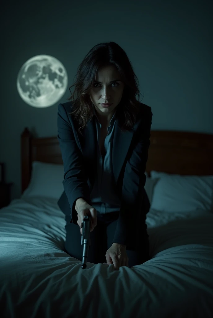 A 40 year old A 40 year old brunette in a dark bedroom stands at the foot of a bed. She looks psychotic holding 1 gun like an assassin. She is wearing a dark suit, grey blouse and partially in silhouette against the cinematic lighting from the moon outside...