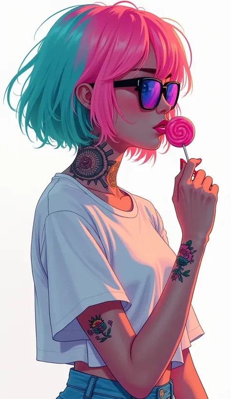 generate a beautiful girl shes wearing a hypebes T-shirt outfit aesthetic the color of the outfit is the color of outfit is half aqua and half pink his hair is short and weavey and the color of the hair is half aqua and half pink radiant and shes wearing a...