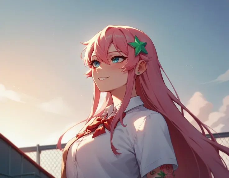 Masterpiece,4k, 1,girl , Highschool girls, a pink girl with so many hairpin and cute tattoos with a very long hair almost touch the ground, school roof,dark atmosphere,half body 