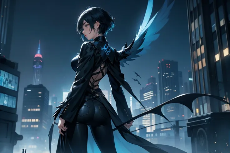 Cute short hair, very dark blue hair, yellow eyes, cool girl, tight black long sleeve shirt and tight black jeans with an owl symbol in the middle of the chest. and on the rooftops of Gotham City She has a witch-like cloak and an aura in the form of blue o...