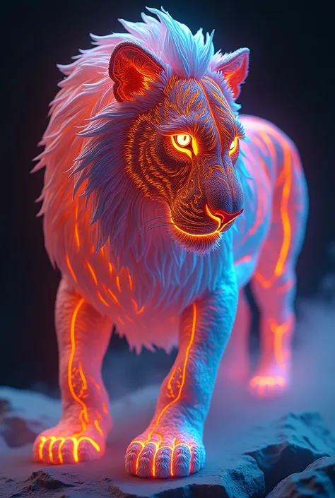  A hyper-realistic 3D rendering of a ferocious lion with a complex and intricate design .  The Byzãos shiny coat resembles a translucent liquid fire glass in red neon, neon orange and neon blue ,  with luminous stripes that dynamically run through your bod...