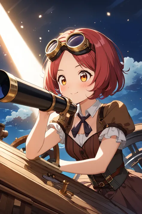 1 girl, (cute face), , short hair, (curious expression), (studying a magical device:1.2), small breasts, (wearing a stylish steampunk outfit), high-waisted skirt, (brass goggles on forehead), BREAK  
Airship deck, clouds in the background, (looking through...