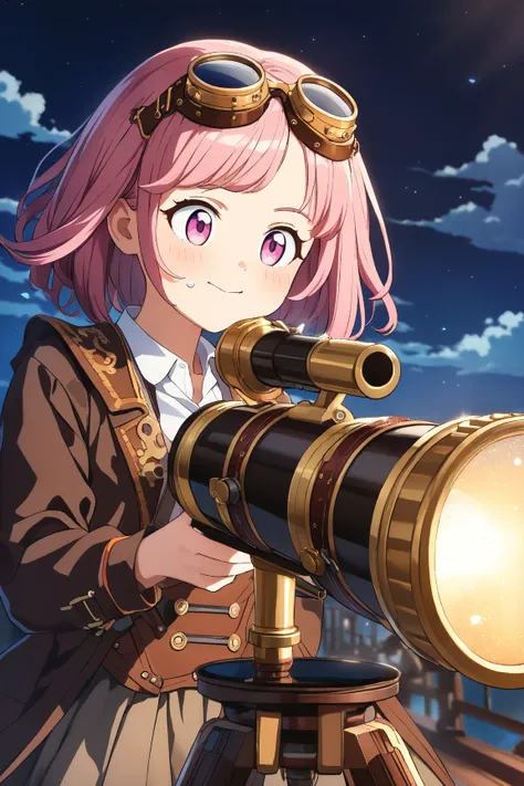 1 girl, (cute face), , short hair, (curious expression), (studying a magical device:1.2), small breasts, (wearing a stylish steampunk outfit), high-waisted skirt, (brass goggles on forehead), BREAK  
Airship deck, clouds in the background, (looking through...