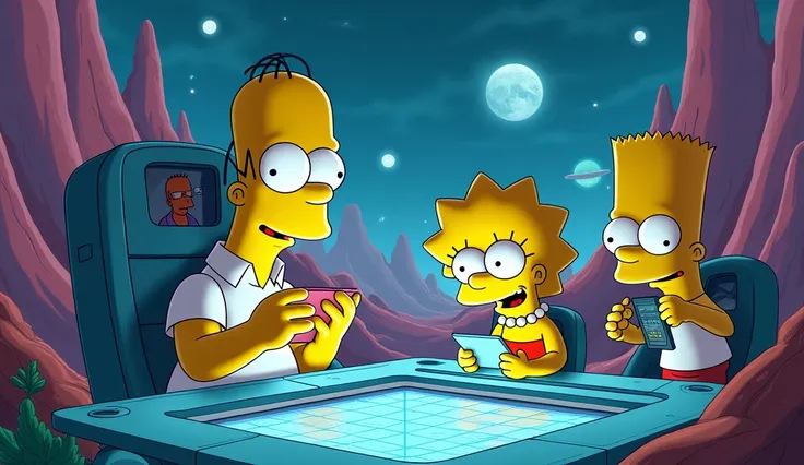  "A whimsical yet eerie scene showing the characters from The Simpsons in a futuristic setting, possibly from an episode depicting the year 2030 or beyond. Homer, Lisa, and Bart could be seen interacting with futuristic technology, such as floating tablets...