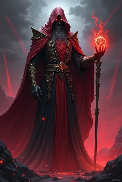  Create an image of Warlock from Dota 2 : an imposing and dark wizard ,  with a posture of wisdom and power .  He wears a long, detailed robe in shades of red and black ,  adorned with glowing mystical runes .  Your left hand holds a magic wand with a flam...