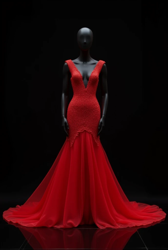  On the black floor and a black mannequin with a black background .  Make a tomara dress that fits beautifully and in haute couture.  Make a red dress with glowing liquid glitter . Make in pointe couture.  Incredible design and fantastic pose . Glowing .  ...