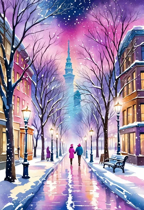 A vibrant and colorful winter cityscape in watercolor style. Snow is falling heavily, creating a magical and dreamy atmosphere. The scene is lined with bare trees on both sides of a walkway, their branches covered with soft snow. Warm streetlights glow sof...