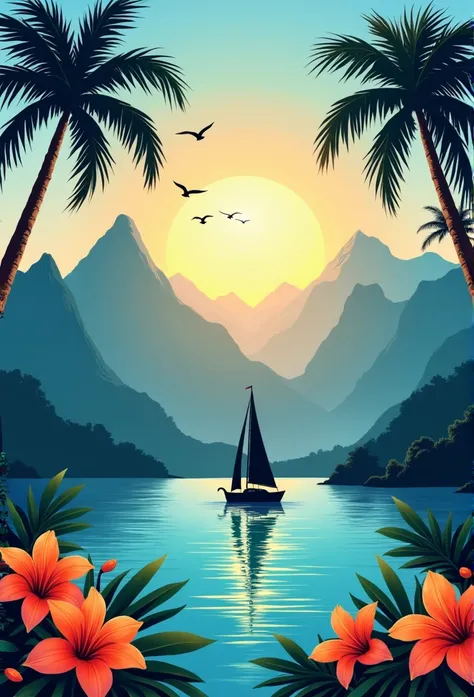 Create a scenic illustration of a tropical landscape. The scene should feature tall, majestic mountains in the background with the sun setting behind them, casting dramatic rays of light into the sky. The foreground should include a calm blue body of water...