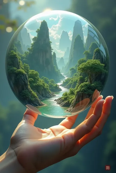 A picture of hu land inspired from reverend insanity put hu land in a transparent sphere on a palm of a hand