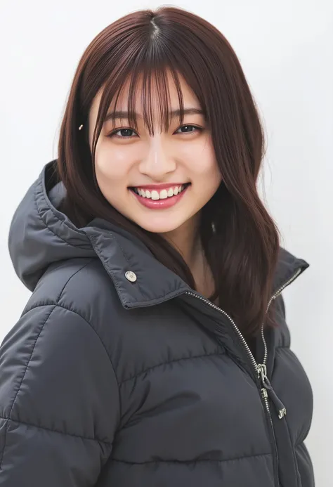 young Japanese woman、Yoshikawa Ai、 black down jacket、 trainer、smile、 beautiful alignment of teeth、 ear piercing、 white background 、 upper body