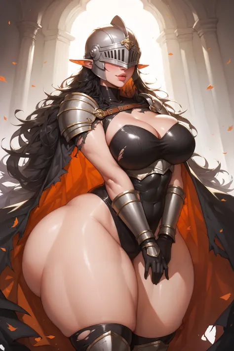  A woman, lone Knight, armor Knight, black inner bodysuit , rusty armor, torn cloak, cloak covering one arm, helmet, gloves, white skin, Pointy ears, very long hair with, black hair , astral veil, covered eyes, heart shaped lips, cute nose. senos enormes, ...