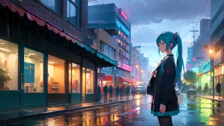 Hatsune Miku with long straight blue hair,Standing on a rainy street corner,a distorted world　From the side, face up