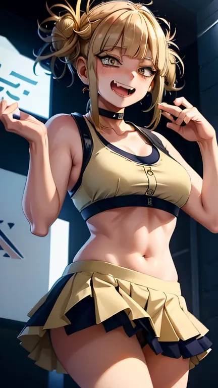 Himikotoganova, ( 1 girl in uniform, Alone), ( perfect eyes),  blonde hair ,  Double Bang ,  messy hair standing in the way, bangs,  Yellow Eyes ,  dark circles under eyes , smile,  open mouth, blue skirt,  Blue Sports Bra ,  watching viewers,  choker