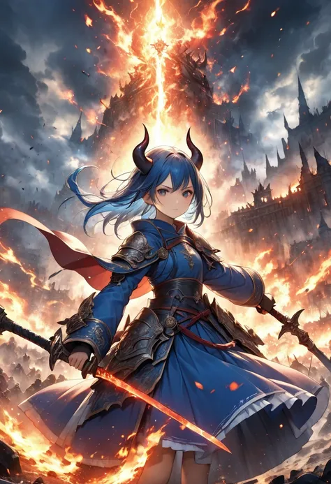 In a dark fantasy world, 、 A female knight with blue hair and devil horns is standing on a battlefield where 、 sparse flames 。 She dynamically swings down a huge axe that gives off an ominous aura、 her expression is full of intense determination 。 large ax...