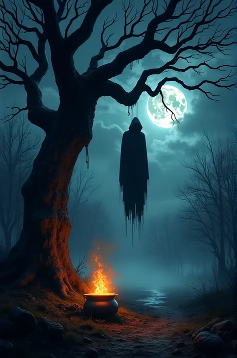 Here’s a detailed prompt you can use to create an image with a similar eerie and horrifying theme:

---

"Create a dark and haunting forest scene at night under a cloudy, moonlit sky. The atmosphere should be terrifying, with a large, twisted tree in the f...