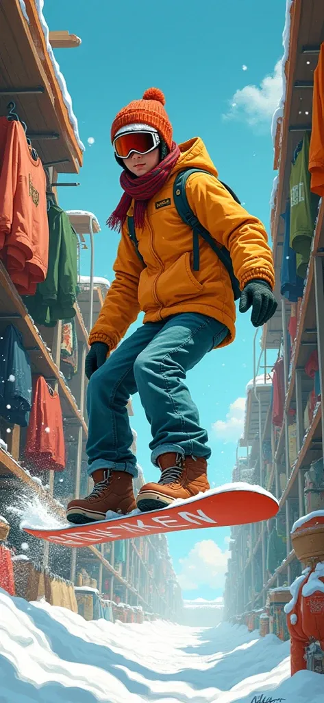 I want an illustration with an atmosphere like this 、 wearing second-hand clothes and snowboarding at a second-hand clothing store。