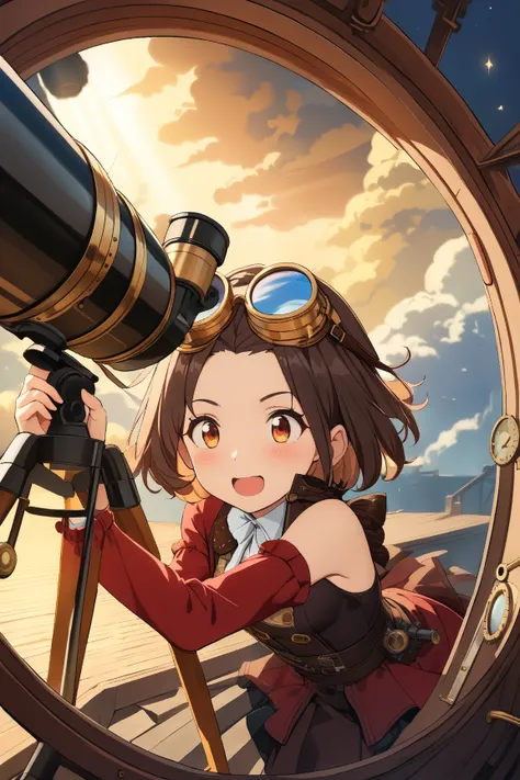 1 girl, (cute face), , short hair, (curious expression), (studying a magical device:1.2), small breasts, (wearing a stylish steampunk outfit), high-waisted skirt, (brass goggles on forehead), BREAK  
Airship deck, clouds in the background, (looking through...