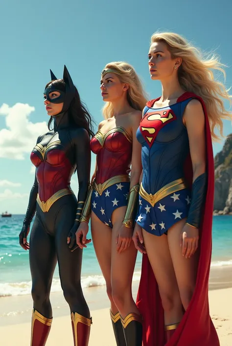 It sounds like youre envisioning a dynamic scene with iconic superheroes on a beach setting! Imagine Catwoman, Wonder Woman, and Supergirl standing on a sunny beach, their expressions filled with surprise or awe. The ocean stretches out behind them, with a...