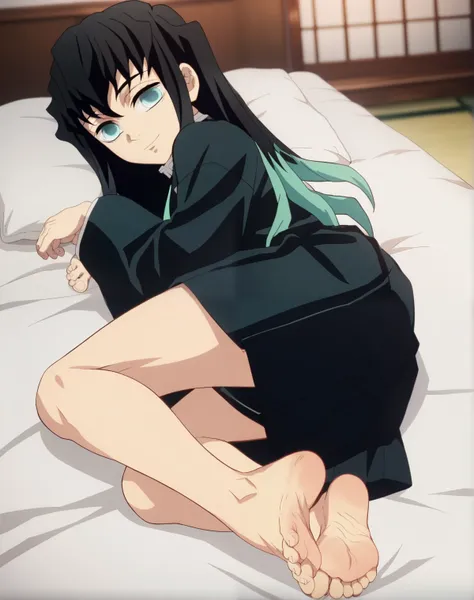 score_9, score_8_up, source_anime,
1boy, Tokito Muichiro, alone, looking at viewer, cowboy shot, ANIME SCREENCAP, anime coloring, in his bedroom, lying on the bed, back resting on the bed, lifting legs to show his soles, barefoot, perfect feet, anatomicall...