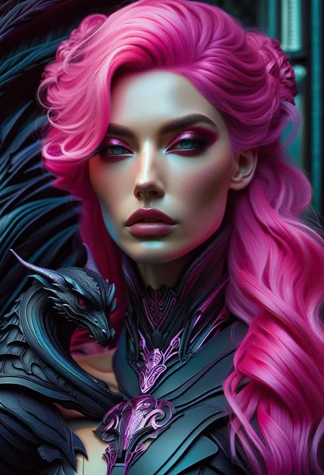 Cyberpunk l close up pink haired female with a black dragon next to her, portrait, clear sharp focus, featuring a dark and eerie atmosphere hyper realistic, 8K professional photography art, photorealistic masterpiece: by aaron horkey and jeremy mann: intri...