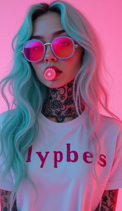 generate a beautiful girl shes wearing a hypebes t shirt outfit aesthetic the color of the outfit is the color of outfit is half aqua and half pink his hair is long and weavey and the color of the hair is half aqua and half pink radiant and shes wearing a ...