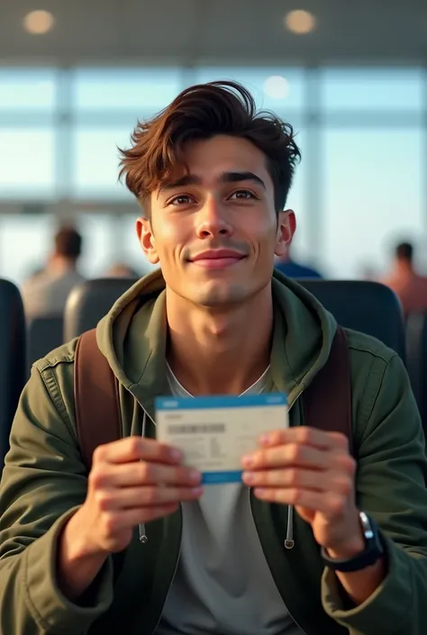 a young man (27 years) sitting at the airport .  In his hand he is holding two plane tickets .  He is excited and has dark brown hair and dark brown eyes