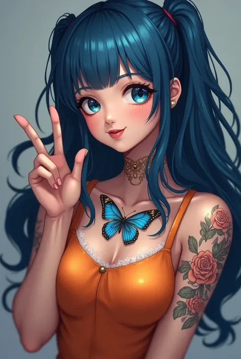 1girl, Solo, Smile,, Blue eyes, Blue Hair, Long Hair, fluffy hairstyles High Resolution, 1girl, 20years model with (( butterfly tattoo on her neck ,)))(( and rose tattoo on her hand)), metallic blue and golden colour butterfly tattoo, High Resolution, los ...