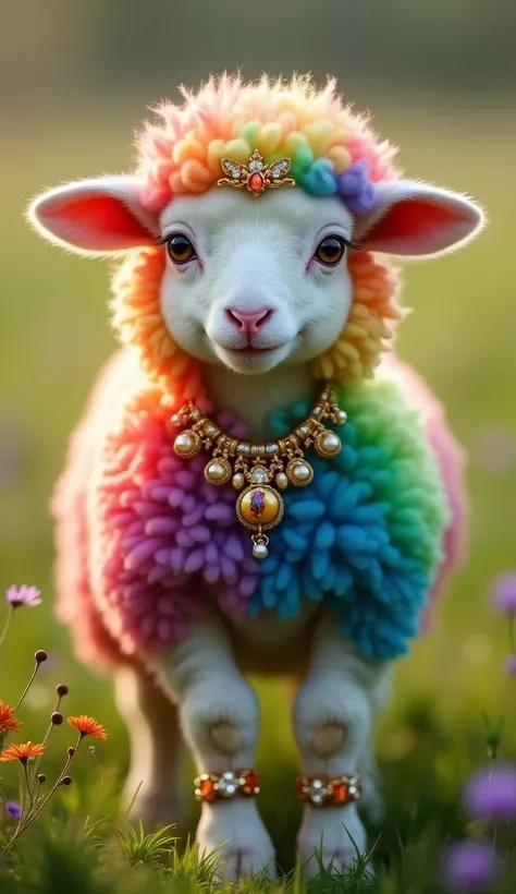  An image ultra-realistic of an incredibly cute baby sheep ,  captured from a full body ,  with its soft and voluminous coat colored like a rainbow .  Each part of its body displays a smooth transition of vibrant colors , including red , orange, yellow, gr...