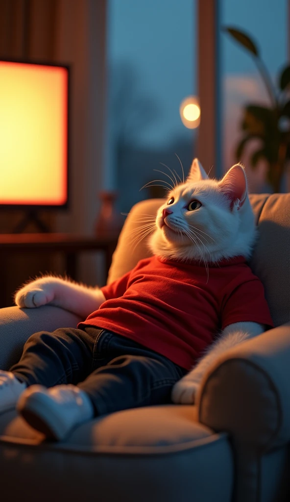 White cat red t shirt, black jense, white shoe home watch tv ,night time ,background blurry 