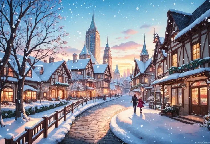 A vibrant and colorful winter cityscape in watercolor style. Snow is falling heavily, creating a magical and dreamy atmosphere. The scene is lined with bare trees on both sides of a walkway, their branches covered with soft snow. Warm streetlights glow sof...